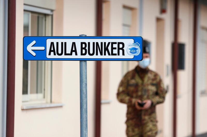 A sign pointing to Aula Bunker, the high security courtroom, in Lamezia Terme. Reuters
