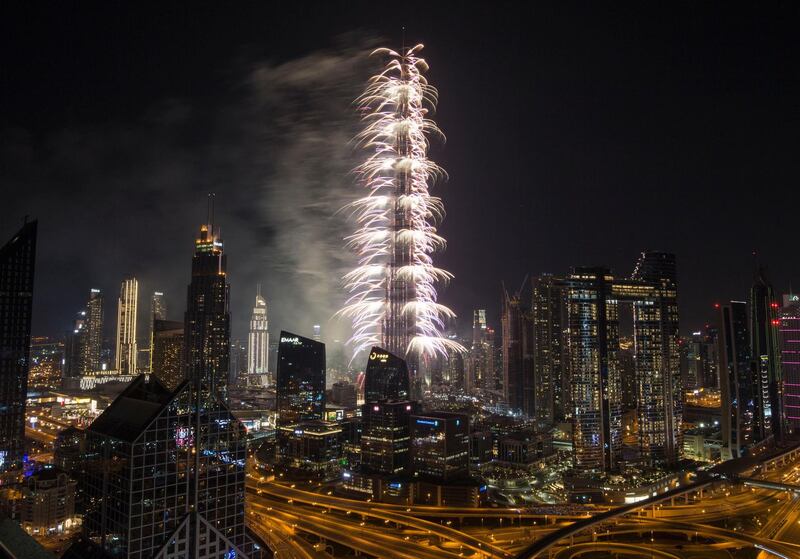 Dubai, United Arab Emirates - Burj Khalifa's New Year's eve fireworks taken from Shangri-La Hotel's roof top. Ruel Pableo for The National