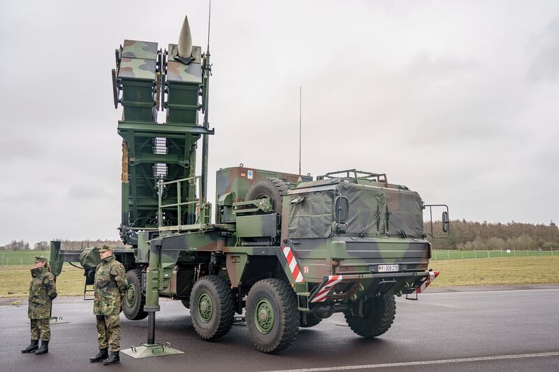 Patriot anti-aircraft missile systems belonging to the German armed forces are displayed on a military airfield. AP