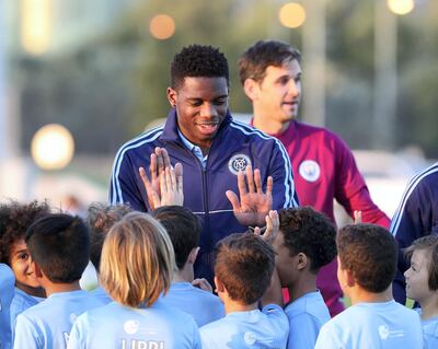 Abu Dhabi, United Arab Emirates - January 10th, 2018: New York City FC's Sean Johnson during a coaching clinic with aspiring young footballers from across the UAE as part of City Football Schools. Wednesday, January 10th, 2018 at Zayed Sports City, Abu Dhabi. Chris Whiteoak / The National