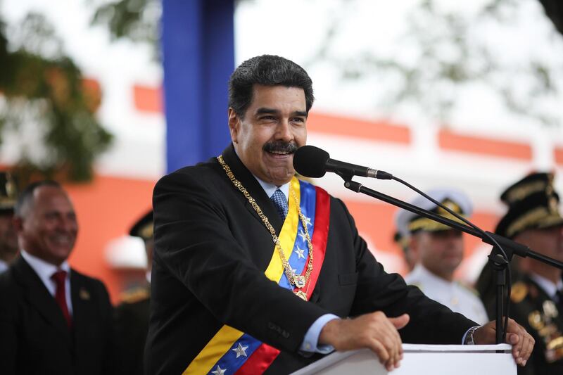 epa07372903 A handout photo made available by the Miraflores press office, shows the president of Venezuela, Nicolas Maduro (C), during the commemorative events of the Angostura Discourse Bicentennial, in Ciudad Bolivar, Venezuela, 15 February 2019. The commemorations are for the speech delivered by hero of independence Simon Bolivar on 15 February 1819, the day that the Angostura Congress was installed, within the framework of the independence wars of Venezuela and New Granada.  EPA/MIRAFLORES PRESS OFFICE HANDOUT HANDOUT/EDITORIAL USE ONLY/NO SALES HANDOUT EDITORIAL USE ONLY/NO SALES
