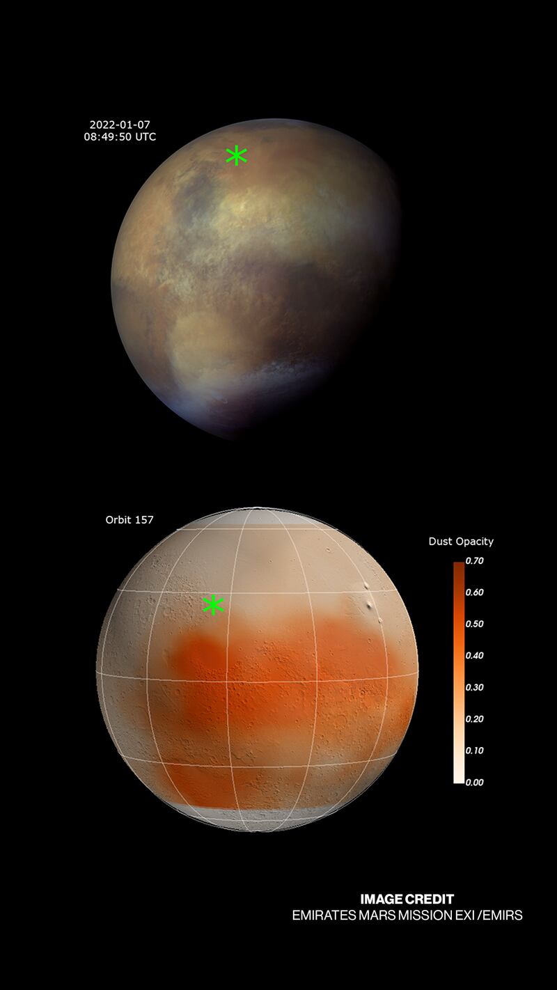 By January 7, dust haze and greyish water-ice clouds spread to the east of Syrtis Major and north of Hellas. Photo: Hope Mars Mission