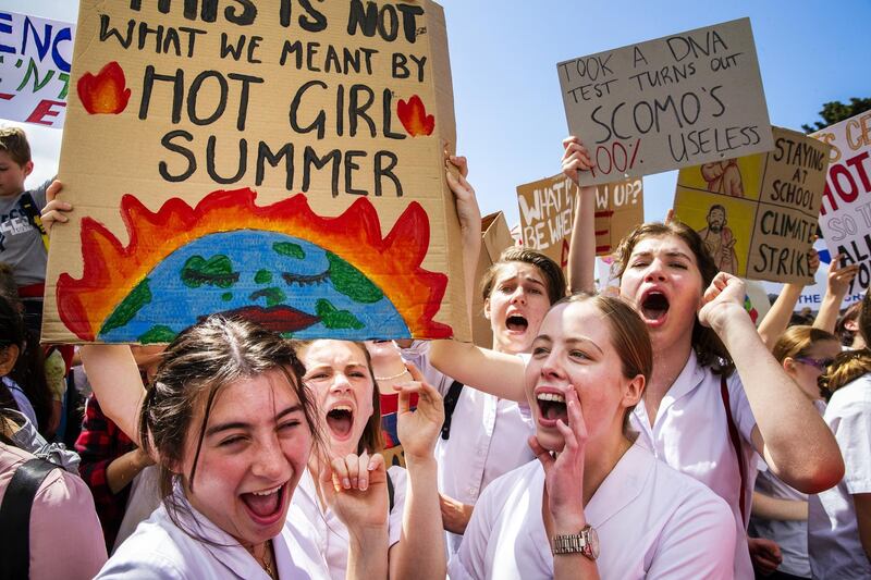 Thousands of students and protesters gather in The Domain in Sydney, Australia. Getty Images