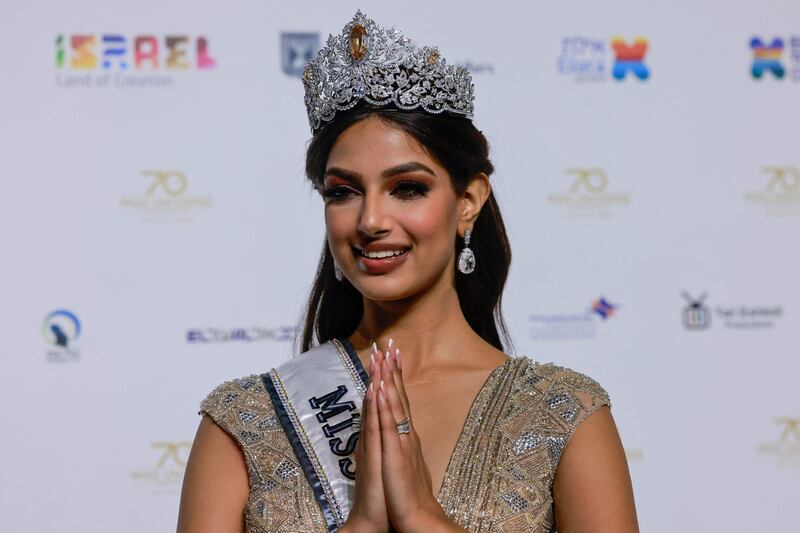 Miss Universe 2021 Harnaaz Sandhu from India speaks to reporters after winning the 70th Miss Universe beauty pageant. AFP