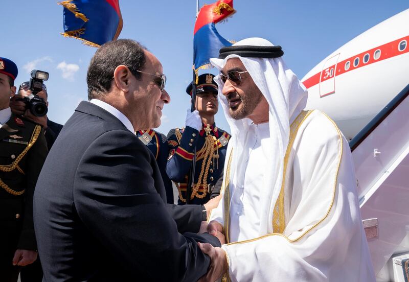 ALEXANDRIA, EGYPT - March 27, 2019: HH Sheikh Mohamed bin Zayed Al Nahyan, Crown Prince of Abu Dhabi and Deputy Supreme Commander of the UAE Armed Forces (R) is received by HE Abdel Fattah El Sisi President of Egypt (L), at Borg El Arab International Airport.

( Mohamed Al Hammadi / Ministry of Presidential Affairs )
---