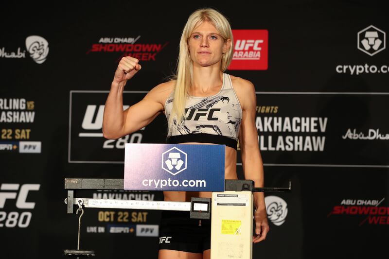 Manon Fiorot weighs in before her fight at UFC 280 against Katlyn Chookagian in Abu Dhabi. Fiorot weighed in at 125.5lbs. Chris Whiteoak / The National