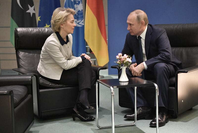 Russian President Vladimir Putin and European Commission President Ursula von der Leyen meet on the sidelides of a Peace summit on Libya in Berlin.  AFP