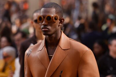 A leather suit in the autumn/winter 2023 Off-White collection. AP