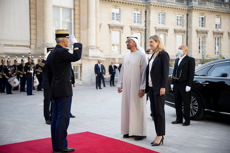 Sheikh Mohamed is received by Ms Braun-Pivet during his state visit to France. Photo: Presidential Court