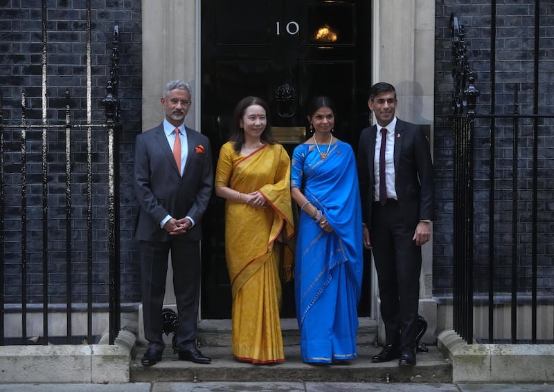 From left, Indian External Affairs Minister Subrahmanyam Jaishankar, his wife Kyoko, Akshata Murty and her husband, UK Prime Minister Rishi Sunak, outside No 10 Downing Street, London. PA