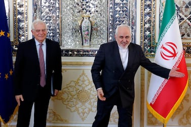 Iranian Foreign Minister Mohammad Javad Zarif (L) greets EU High Representative of the European Union Josep Borrell at the foreign ministry in Tehran, Iran, 03 February 2020. Borrell is in Tehran to meet with Iranian officials EPA