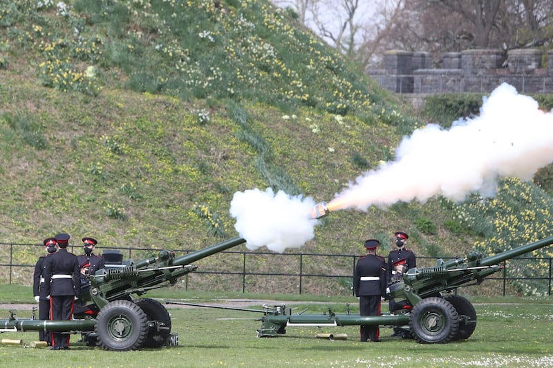 The Death Gun Salute is fired by the 104th Regiment Royal Artillery to mark the death of Prince Philip, at Cardiff Castle in Wales. AFP