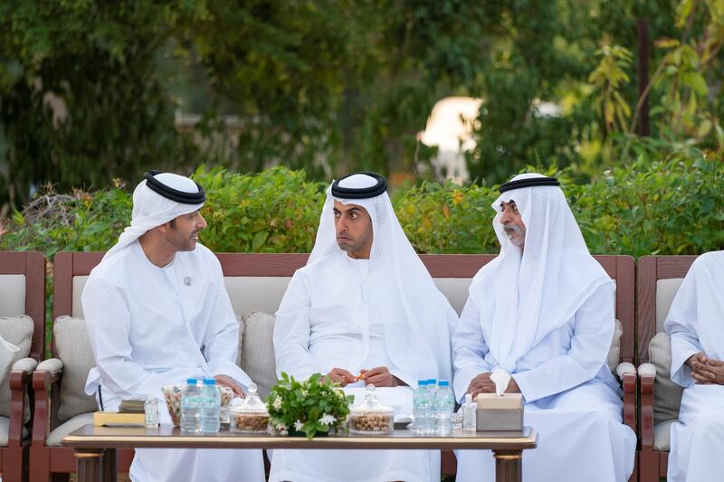 AL AIN, ABU DHABI, UNITED ARAB EMIRATES - December 09, 2019: (L-R) HH Sheikh Hazza bin Zayed Al Nahyan, Vice Chairman of the Abu Dhabi Executive Council, HH Sheikh Khaled bin Zayed Al Nahyan, Chairman of the Board of Zayed Higher Organization for Humanitarian Care and Special Needs (ZHO) and HH Sheikh Nahyan bin Mubarak Al Nahyan, UAE Minister of State for Tolerance, attend a Al Maqam Palace barza.

( Hamad Al Mansoori for the Ministry of Presidential Affairs )​
---