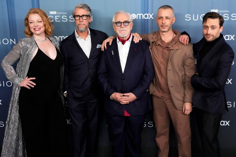 From left, Sarah Snook, Alan Ruck, Brian Cox, Jeremy Strong and Kieran Culkin attend the premiere of HBO's Succession season four in New York. AP