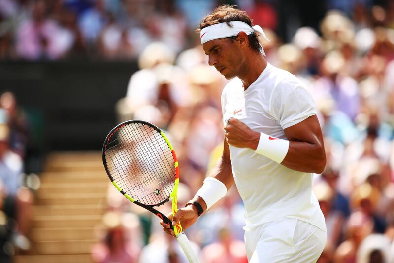 LONDON, ENGLAND - JULY 07:  Rafael Nadal of Spain reacts against Alex De Minaur of Australia during their Men's Singles third round match on day six of the Wimbledon Lawn Tennis Championships at All England Lawn Tennis and Croquet Club on July 7, 2018 in London, England.  (Photo by Clive Brunskill/Getty Images)