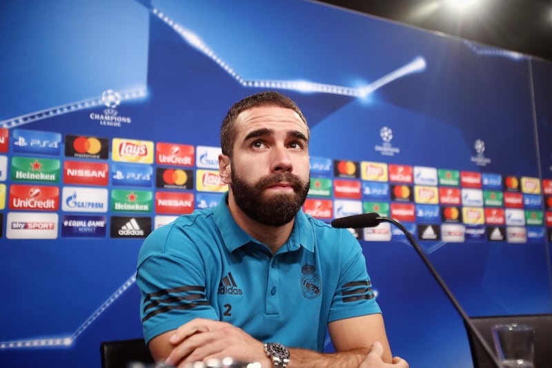DORTMUND, GERMANY - SEPTEMBER 25:  Dani Carvajal attends a Real Madrid press conference ahead of their UEFA Champions League Group H match against Borussia Dortmund at Signal Iduna Park on September 25, 2017 in Dortmund, Germany.  (Photo by Alex Grimm/Getty Images)