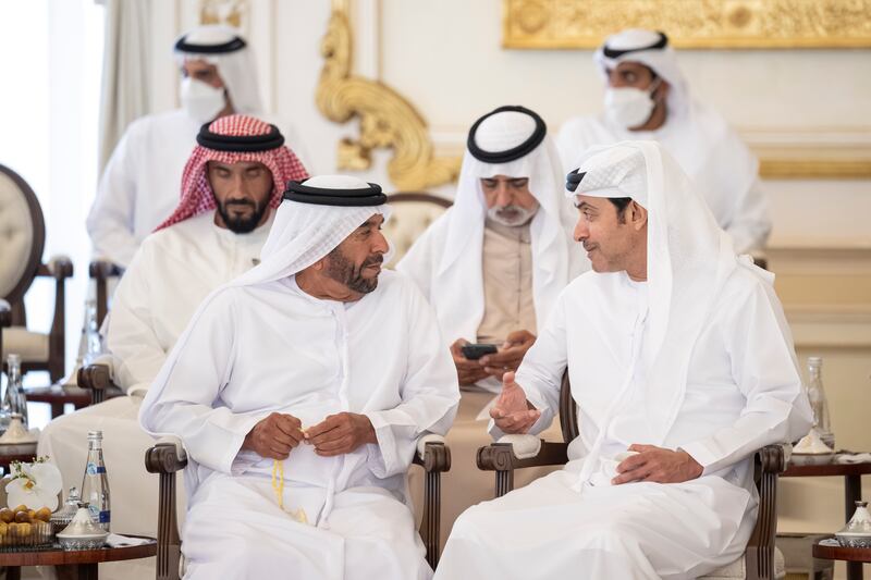 Sheikh Hazza bin Zayed, vice chairman of the Abu Dhabi Executive Council, right, and Sheikh Suroor bin Mohamed.
