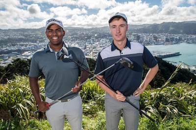 Dubai-based amateur Rayhan Thomas, left, representing India, left and Nick Voke of New Zealand stand for a photograph ahead of the 2017 Asia-Pacific Amateur Championship (AAC) at Royal Wellington Golf Club, Wellington, New Zealand. David Paul Morris / AAC