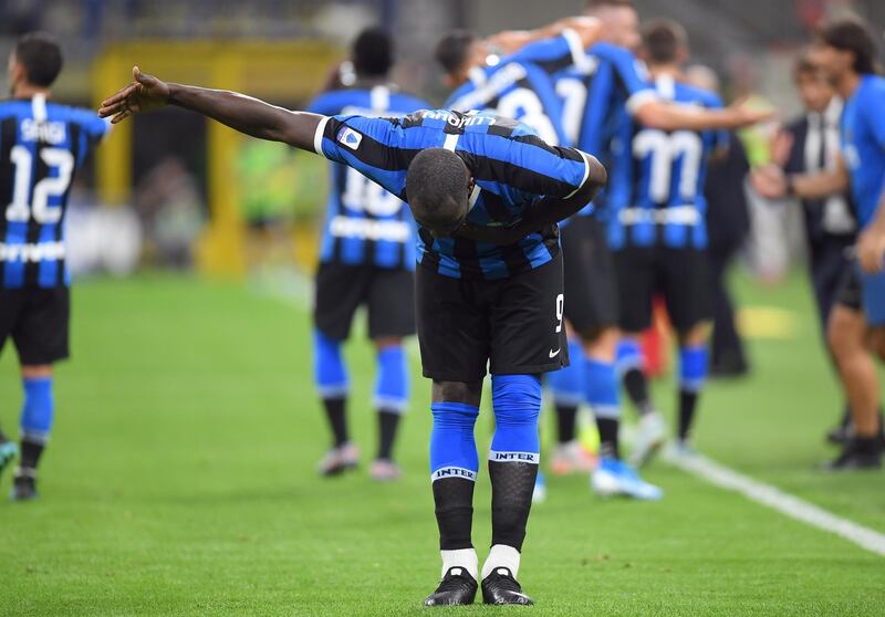 Romelu Lukaku bows to Inter Milan supporters after scoring his first goal for the club in the 4-0 win over Lecce. Reuters