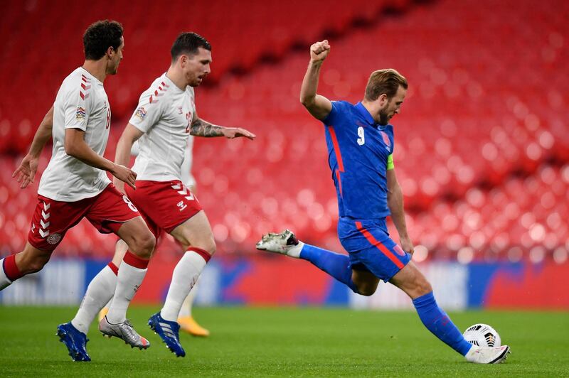 England's striker Harry Kane controls the ball during the UEFA Nations League group A2 football match between England and Denmark at Wembley stadium in north London on October 14, 2020. (Photo by TOBY MELVILLE / POOL / AFP) / NOT FOR MARKETING OR ADVERTISING USE / RESTRICTED TO EDITORIAL USE