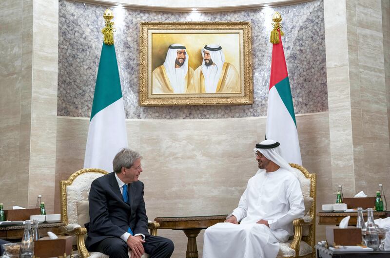 ABU DHABI, UNITED ARAB EMIRATES - October 31, 2017: HH Sheikh Mohamed bin Zayed Al Nahyan Crown Prince of Abu Dhabi Deputy Supreme Commander of the UAE Armed Forces (R), meets with HE Paolo Gentiloni Prime Minister of Italy (L), at Al Shati Palace. 

( Mohamed Al Hammadi / Crown Prince Court - Abu Dhabi )
---