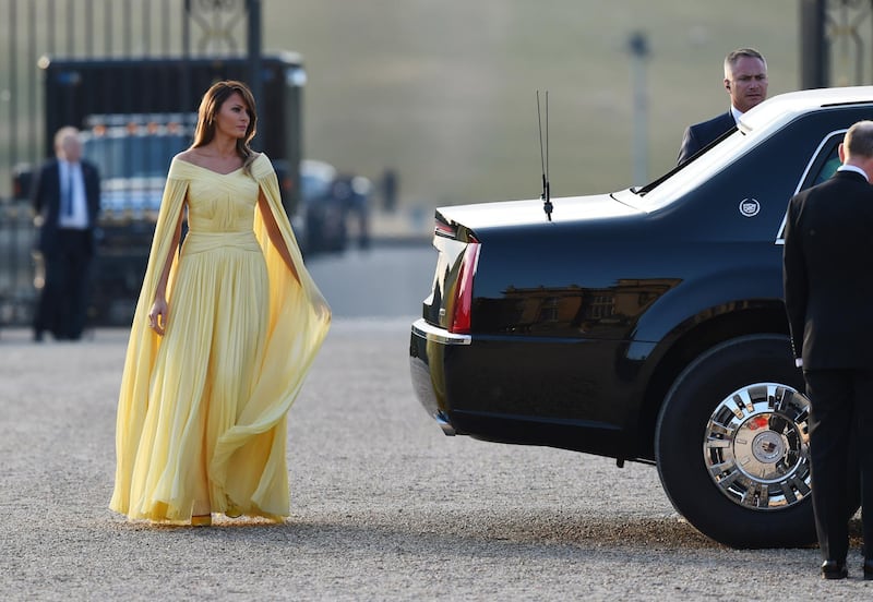 WOODSTOCK, ENGLAND - JULY 12:  First Lady Melania Trump arrives at Blenheim Palace on July 12, 2018 in Woodstock, England. Blenheim Palace is the birth place of the great wartime British Prime Minister, Winston Churchill, of whom the President is a big fan. The Prime Minister hosted dinner for the President and First Lady and business leaders as part of the First Couple's official visit to the UK. (Photo by Geoff Pugh - WPA Pool/Getty Images)