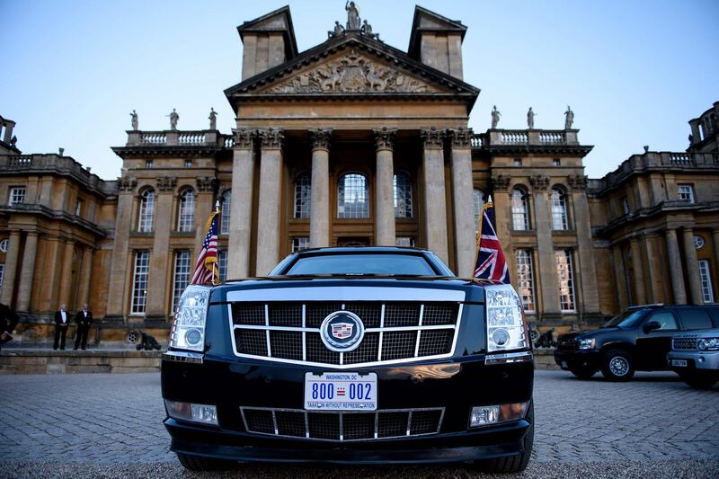 One of the armoured limousines accompanying US President Donald Trump is parked at Blenheim Palace. AFP