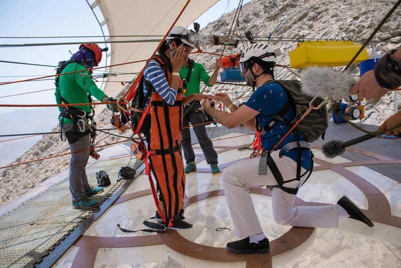 Adrian Mackay, from Bangalore, India, proposed to his partner, Susan Kuruvilla, on a platform on Jebel Jais in July 2018. Courtesy Ras Al Khaimah Tourism Development Authority