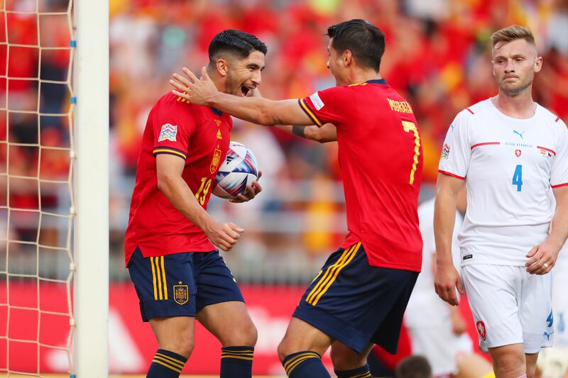 MALAGA, SPAIN - JUNE 12: Carlos Soler of Spain celebrates with Alvaro Morata after scoring their team's first goal during the UEFA Nations League League A Group 2 match between Spain and Czech Republic at La Rosaleda Stadium on June 12, 2022 in Malaga, Spain. (Photo by Fran Santiago / Getty Images)