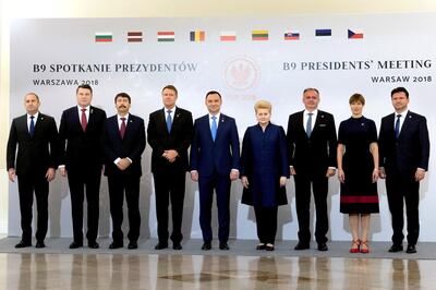 European Heads of State attend a photo session during the presidential meeting of the Bucharest Nine (B9) format in the Presidential Palace in Warsaw, Poland, Friday, June 8, 2018. From left, Rumen Radev Bulgarian, Raimonds Vejonis Latvian, Janos Ader Hungarian, Klaus Iohannis Romanian, Andrzej Duda Polish, Dalia Grybauskaite Lithuanian, Andrej Kiska Slovakian and Kersti Kaljulaid Estonian President, and President of the Lower House of the Czech Parliament Radek Vondracek. (Szilard Koszticsak/MTI via AP)