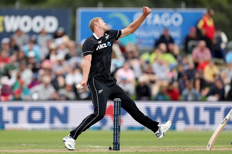 New Zealand's Kyle Jamieson bowls during the 1st cricket ODI match between New Zealand and Bangladesh at University Oval in Dunedin on March 20, 2021. / AFP / Marty MELVILLE
