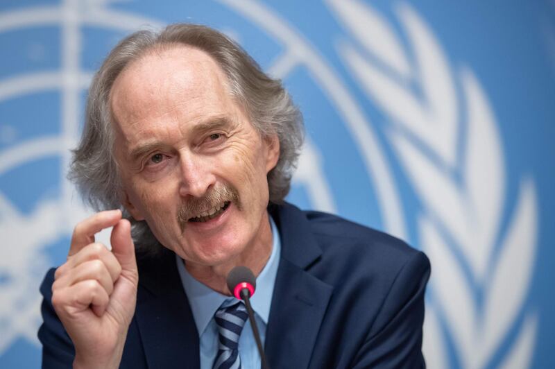 UN Special Envoy for Syria, Geir Pedersen, gestures during a news conference on meeting of the Syria constitutional committee on October 28, 2019 at the United Nations Offices in Geneva.  / AFP / Fabrice COFFRINI

