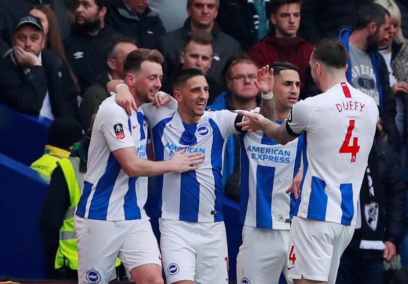 Soccer Football - FA Cup Fifth Round - Brighton & Hove Albion v Derby County - The American Express Community Stadium, Brighton, Britain - February 16, 2019  Brighton's Anthony Knockaert celebrates with team mates after scoring their first goal    Action Images via Reuters/Andrew Couldridge