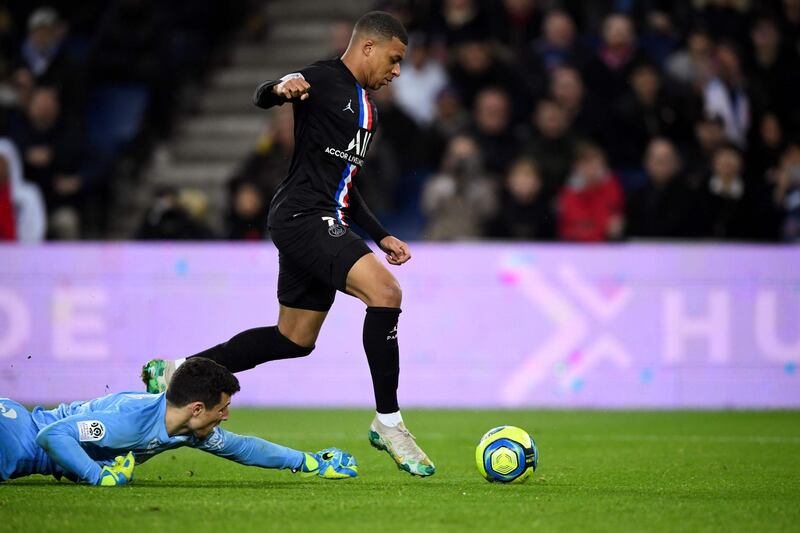 Paris Saint-Germain's French forward Kylian Mbappe scores against Montpellier. AFP