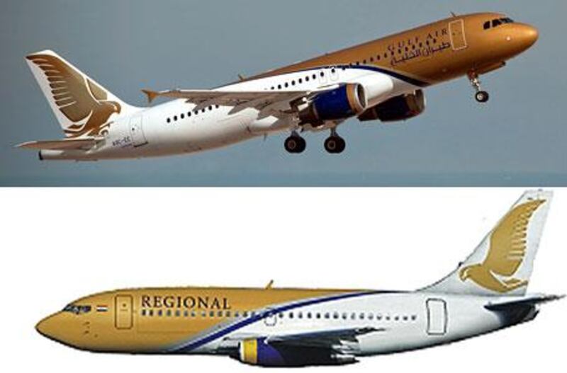 The distinctive livery of Gulf Air and, below, the almost identical markings that Regional Paraguaya plans to apply to its aircraft.