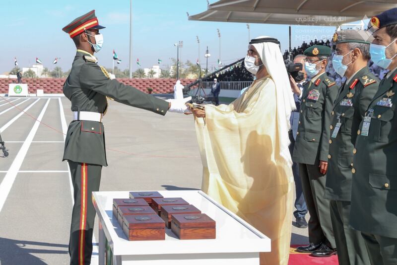 Sheikh Mohammed bin Rashid, Vice President and Ruler of Dubai, attends a graduation ceremony for the 45th batch of cadet officers at Zayed II Military College in Al Ain in 2021. Photo: Dubai Media Office