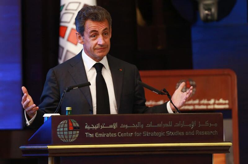 Former French president Nicolas Sarkozy delivers his speech at the Emirates Centre for Strategic Studies and Research in Abu Dhabi. AFP