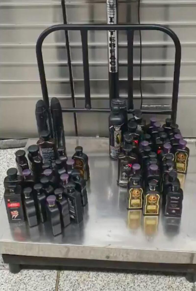 Customs officials in Delhi seized about 50 hair product bottles filled with heroin smuggled on an Emirates flight from Dubai. Delhi Customs 