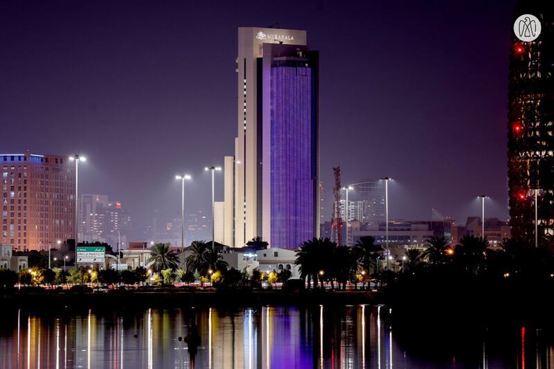 Mubadala's headquarters was also awash in purple in honour of the British monarch.