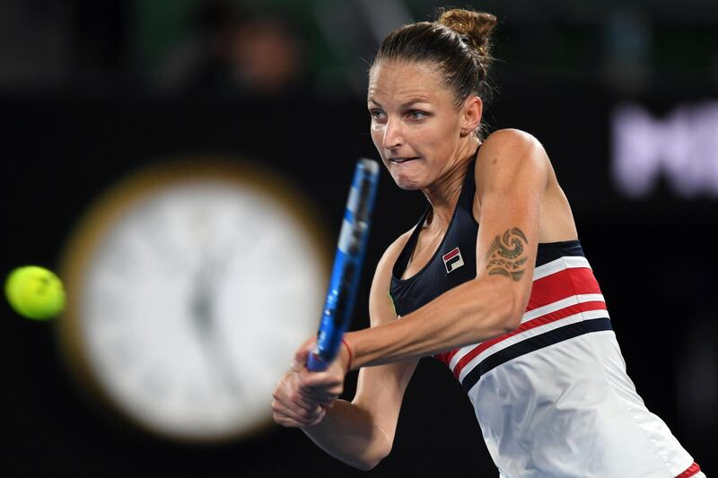 epa06464939 Karolina Pliskova of the Czech Republic in action during her fourth round match against Barbora Strycova of the Czech Republic at the Australian Open tennis tournament, in Melbourne, Victoria, Australia, 23 January 2018.  EPA/LUKAS COCH AUSTRALIA AND NEW ZEALAND OUT