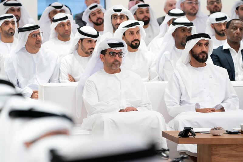 ABU DHABI, UNITED ARAB EMIRATES - May 29, 2019: HH Sheikh Hamed bin Zayed Al Nahyan, Chairman of the Crown Prince Court of Abu Dhabi and Abu Dhabi Executive Council Member (L) and HH Sheikh Nahyan Bin Zayed Al Nahyan, Chairman of the Board of Trustees of Zayed bin Sultan Al Nahyan Charitable and Humanitarian Foundation (R), attend a lecture by Dr Pavan Sukhdev (Not shown), titled: "Redefining wealth for an economy of performance", at Majlis Mohamed bin Zayed. 

( Eissa Al Hammadi for the Ministry of Presidential Affairs )
---