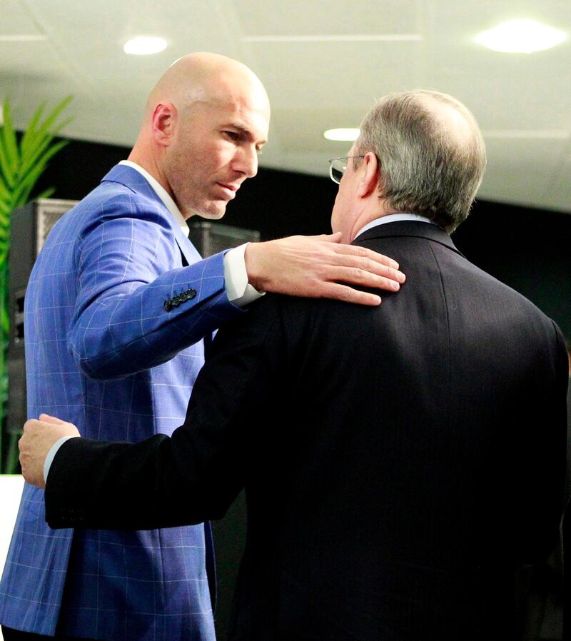 Real Madrid president Florentino Pere, right, presented Zinedine Zidane as manager at the Bernabeu in Madrid in January 2016. They together forged a very successful partnership. Victor Lerena / EPA