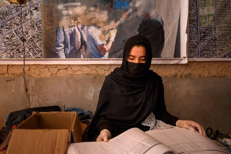 Qandi Gul, a midwife working for Action contre la Faim, registers patients at the mobile clinic in Yarmuhamad village, Helmand.