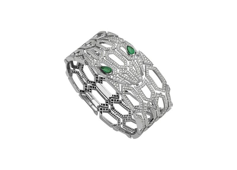 Serpenti bangle bracelet in white gold with emeralds and pavé diamonds, from Dh236,000. Courtesy Bulgari