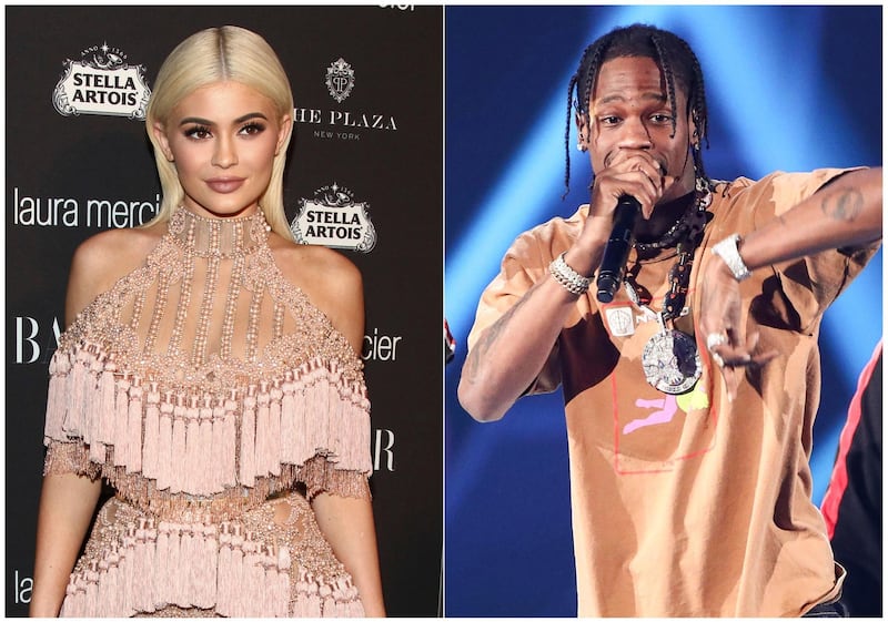 In this combination photo, TV personality Kylie Jenner, left, attends Harper's Bazaar Icons celebration on Sept. 9, 2016, in New York and rapper Travis Scott performs at the 2017 iHeartRadio Music Festival on Sept. 23, 2017, in Las Vegas.  In an Instagram post Sunday, Feb. 4, Jenner announced the birth of her baby girl born Thursday. Itâ€™s the first child for the 20-year-old reality star and the 25-year-old rapper. (Photos by Andy Kropa, left, and John Salangsang/Invision/AP)