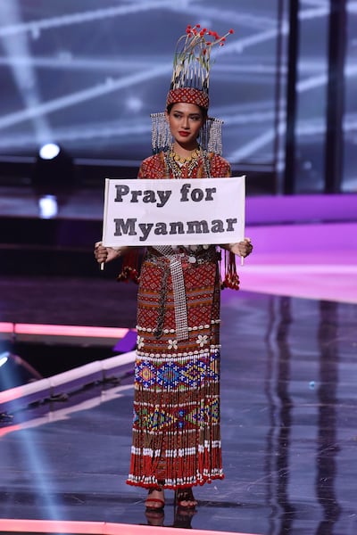 HOLLYWOOD, FLORIDA - MAY 13: Miss Myanmar Thuzar Wint Lwin appears onstage at the Miss Universe 2021 - National Costume Show at Seminole Hard Rock Hotel & Casino on May 13, 2021 in Hollywood, Florida.   Rodrigo Varela/Getty Images/AFP
== FOR NEWSPAPERS, INTERNET, TELCOS & TELEVISION USE ONLY ==
