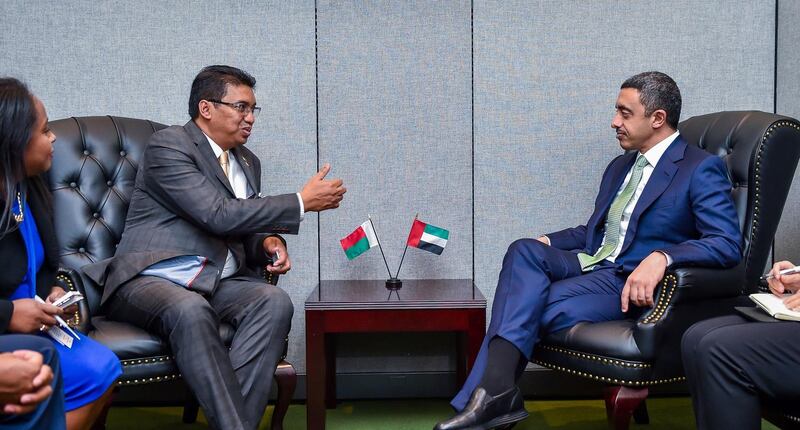 H.H. Sheikh Abdullah bin Zayed Al Nahyan, Minister of Foreign Affairs and International Cooperation, with Eri Rabary Njaka, Foreign Minister of Madagascar. Wam