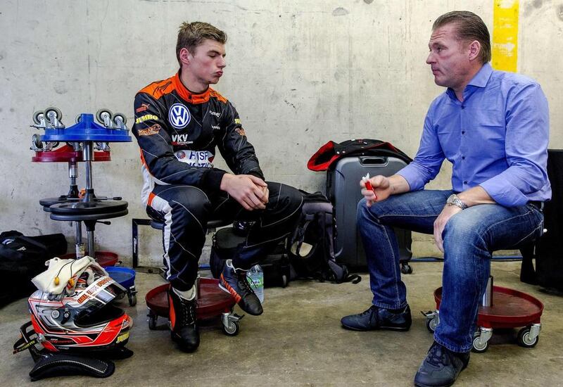 Max Verstappen, left, has limited experience in a Formula Renault car and none in the GP2 and GP3 that precede F1, but he has the pedigree. His father Jos Verstappen raced in F1 between 1994 and 2003. Sander Koning / AFP