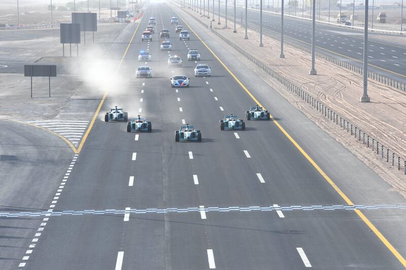 Single-seater race cars helped inaugurate the new improvements to Sheikh Khalifa bin Zayed highway in Al Dhafra. Photos by WAM