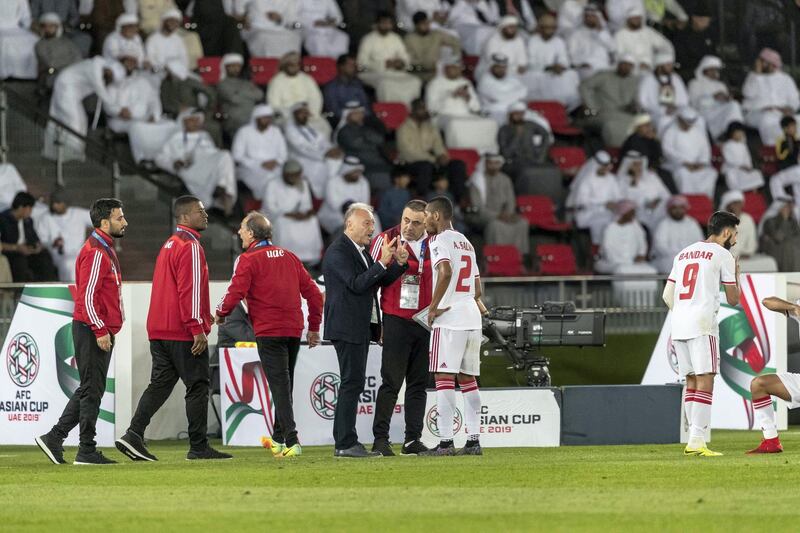 ABU DHABI, UNITED ARAB EMIRATES. 10 JANUARY 2019. AFC Football at Zayed Sports City. UAE vs India match. First half. UAE leads 1-0. (Photo: Antonie Robertson/The National) Journalist: John McAuley. Section: Sport.